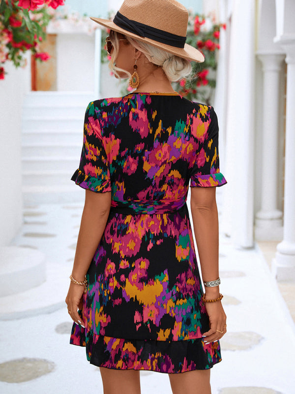 Women’s Woven V Neck Ruffle Wrap Short Sleeve Dress