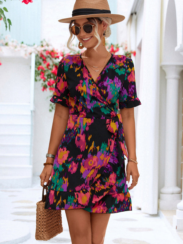 Women’s Woven V Neck Ruffle Wrap Short Sleeve Dress - Black / S