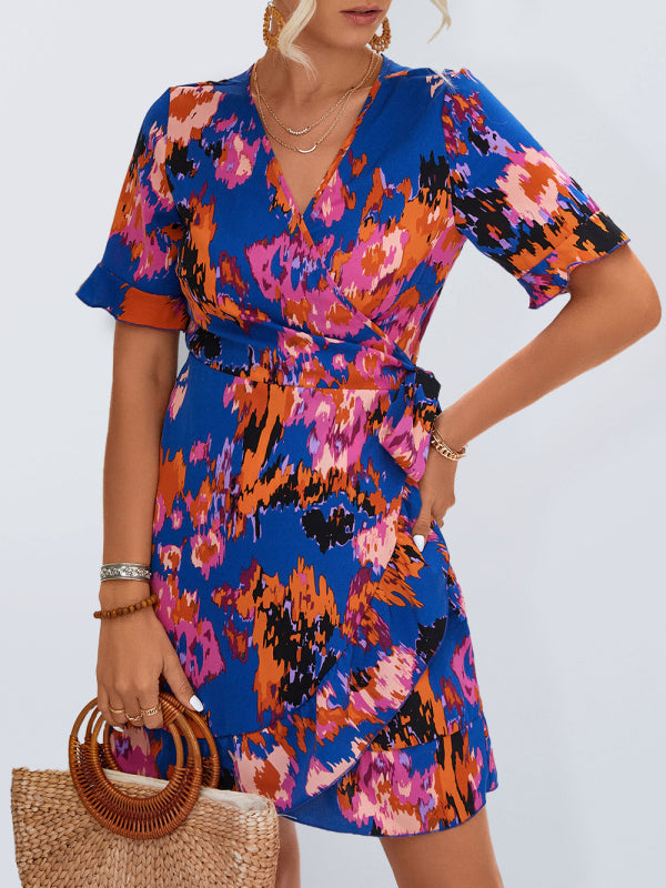 Women’s Woven V Neck Ruffle Wrap Short Sleeve Dress - Blue / S