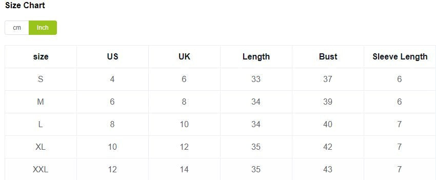 Clothing size chart for Women’s Woven V Neck Short Sleeve Printed Dress