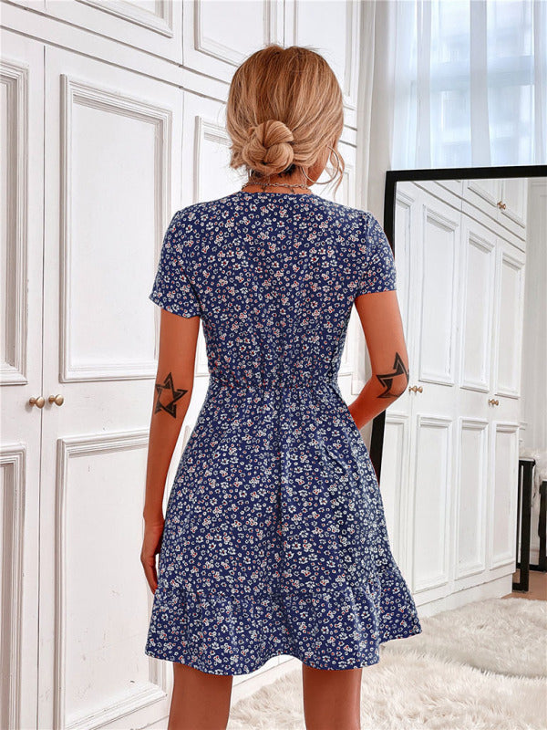 Blue floral print woven V neck short sleeve dress for women