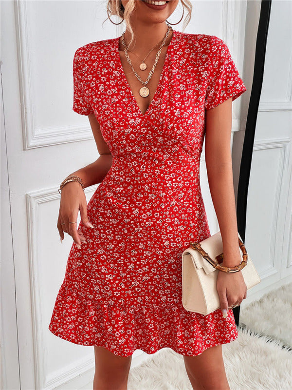 Red floral print mini dress with woven V neck and short sleeve design