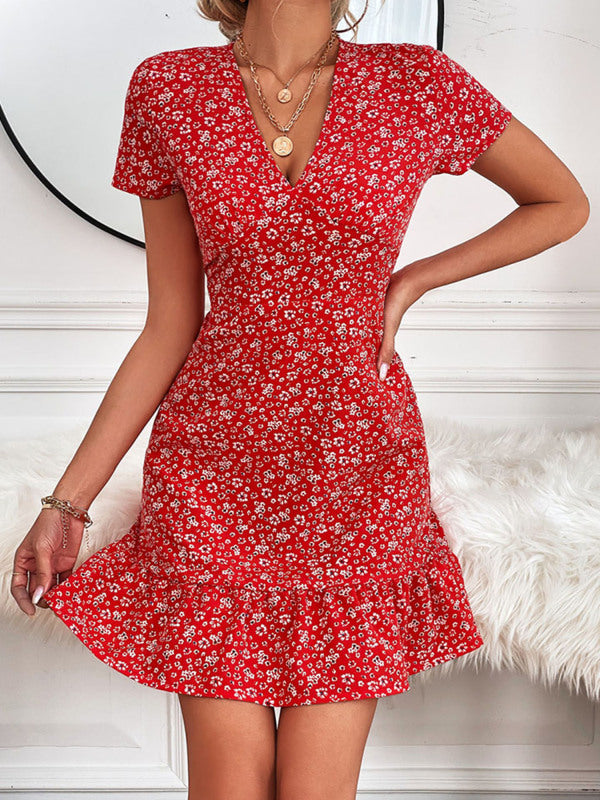 Red floral print mini dress with woven V neck and short sleeve design
