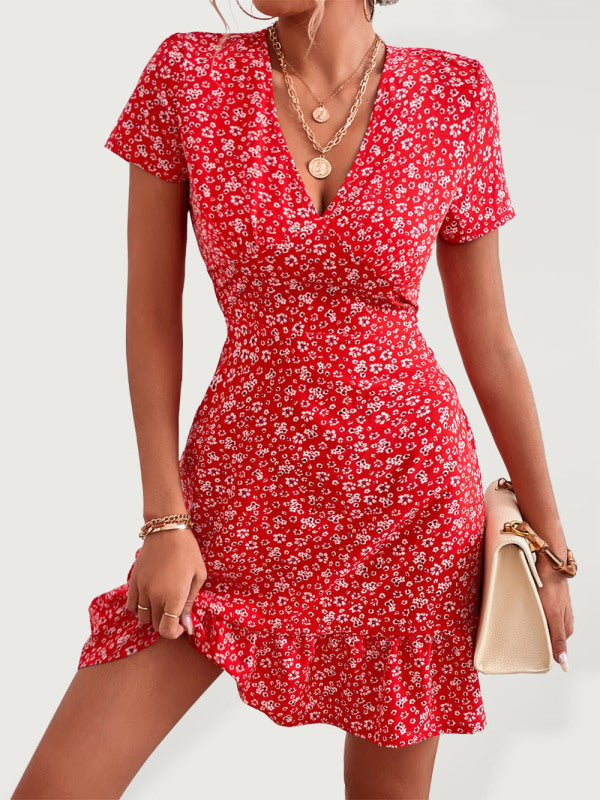 Red floral print mini dress with woven V neck and short sleeve design