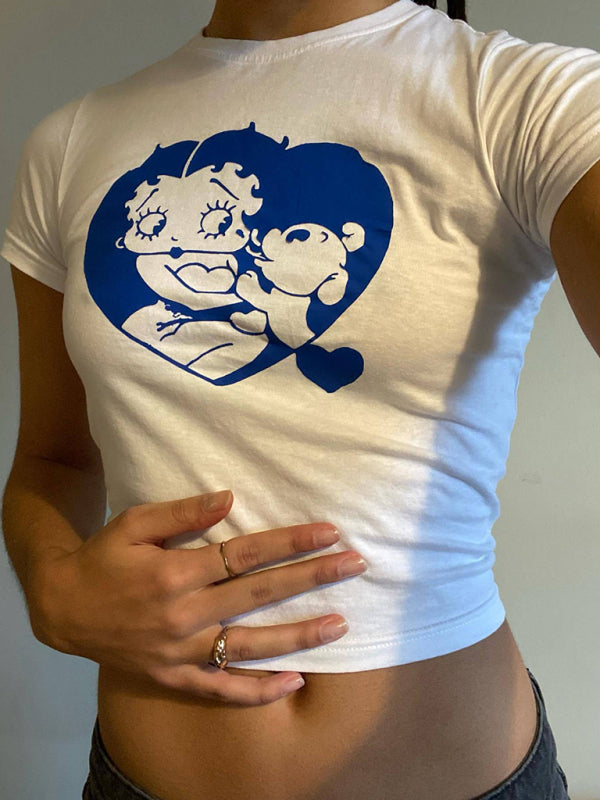 Women’s Y2K Hot Girl Navel Bare Cartoon Print Short Sleeve T-Shirt - White / S