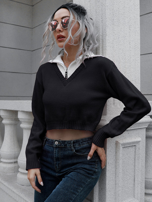 Women’s zip Lapel color blocking short sweater
