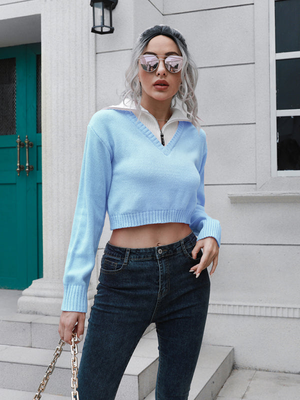 Women’s zip Lapel color blocking short sweater