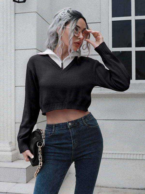 Women’s zip Lapel color blocking short sweater