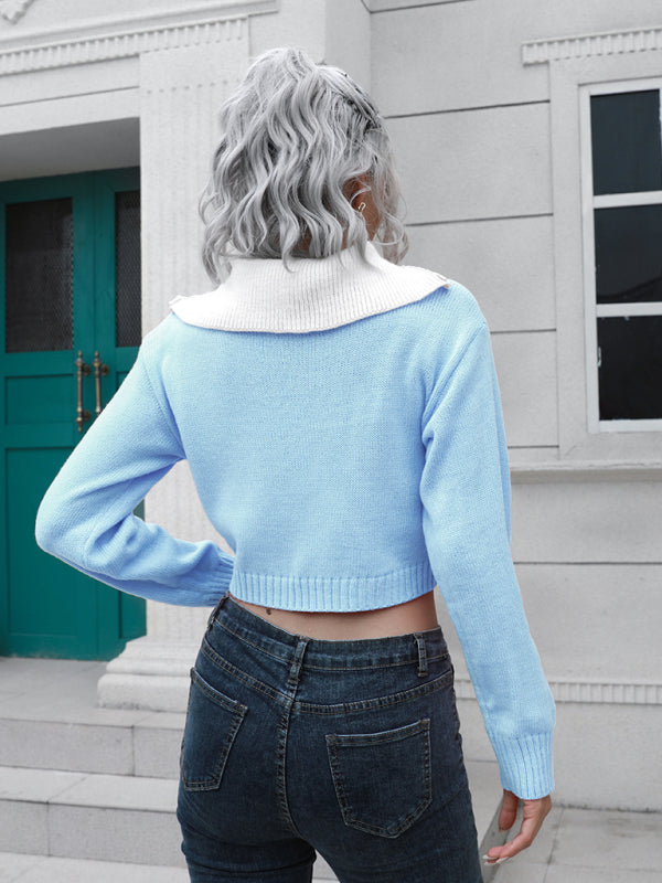 Women’s zip Lapel color blocking short sweater