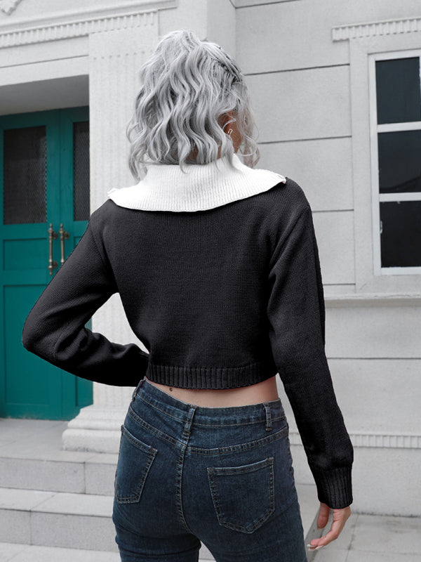 Women’s zip Lapel color blocking short sweater