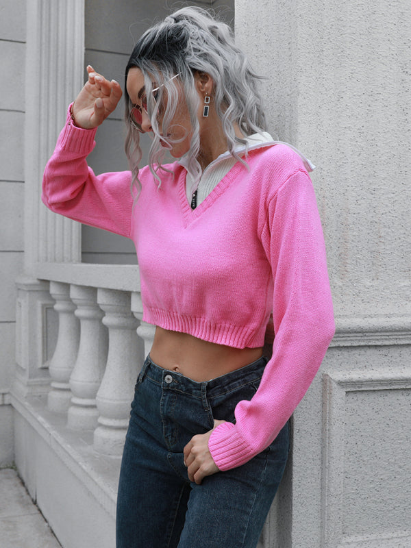 Women’s zip Lapel color blocking short sweater