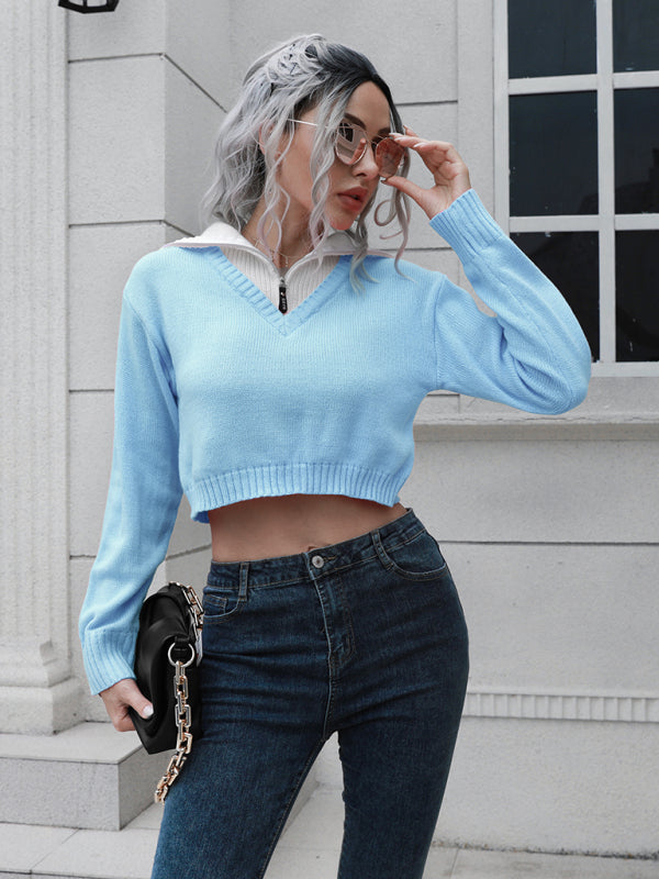 Women’s zip Lapel color blocking short sweater