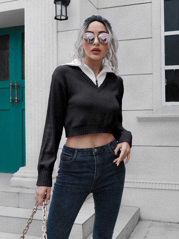 Women’s zip Lapel color blocking short sweater - Black / S