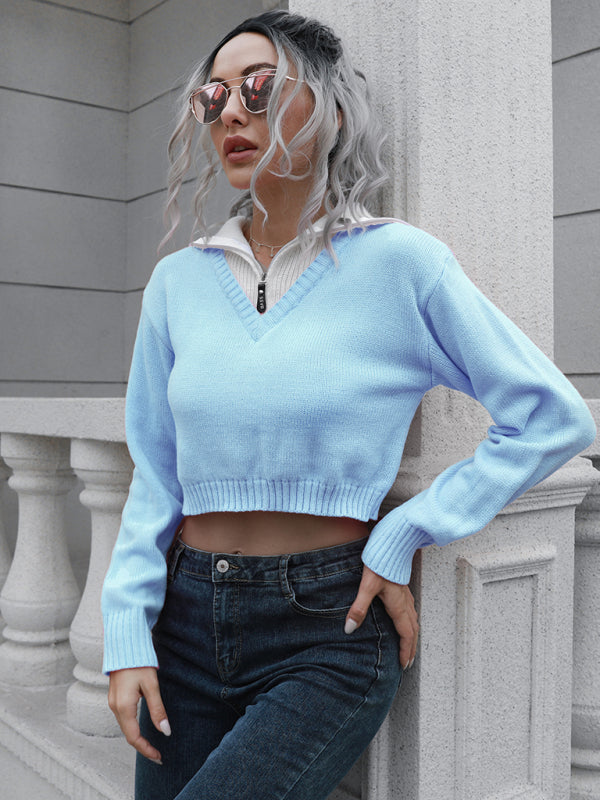 Women’s zip Lapel color blocking short sweater - Blue / S