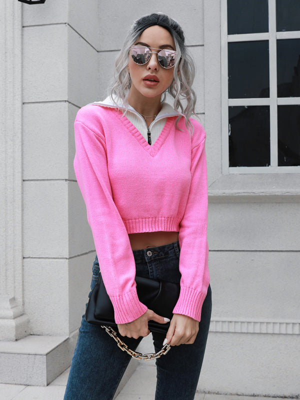 Women’s zip Lapel color blocking short sweater - Pink / S