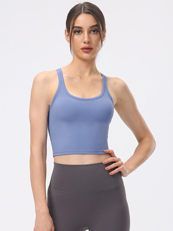 Yoga vest with chest pads antibacterial nude sports bra all-in-one beautiful back bra - Blue / S