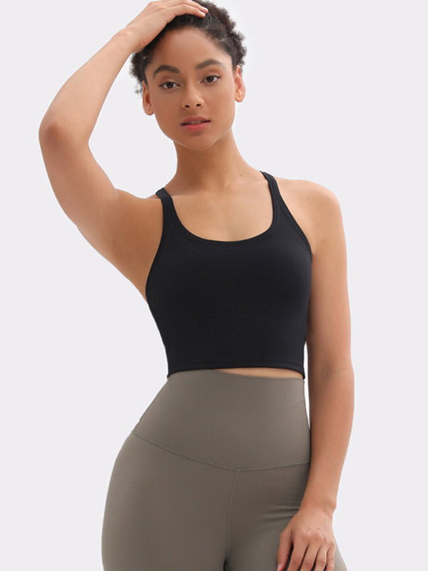 Yoga vest with chest pads antibacterial nude sports bra all-in-one beautiful back bra - Black / S