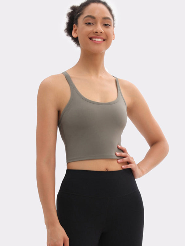 Yoga vest with chest pads antibacterial nude sports bra all-in-one beautiful back bra - Grey green / S