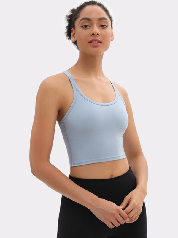 Yoga vest with chest pads antibacterial nude sports bra all-in-one beautiful back bra - Clear blue / S