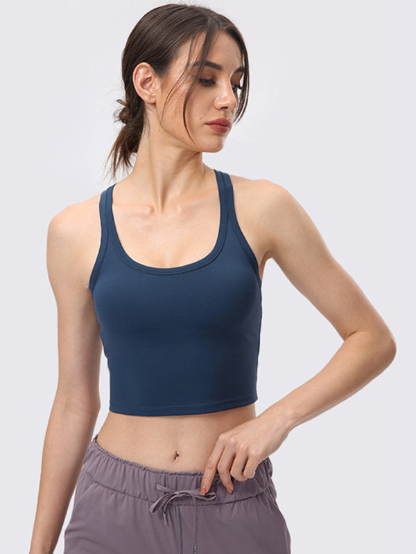 Yoga vest with chest pads antibacterial nude sports bra all-in-one beautiful back bra - Purplish blue navy / S