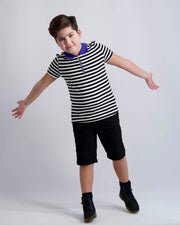 Black and White Striped Zipper Polo With Cobalt Collar