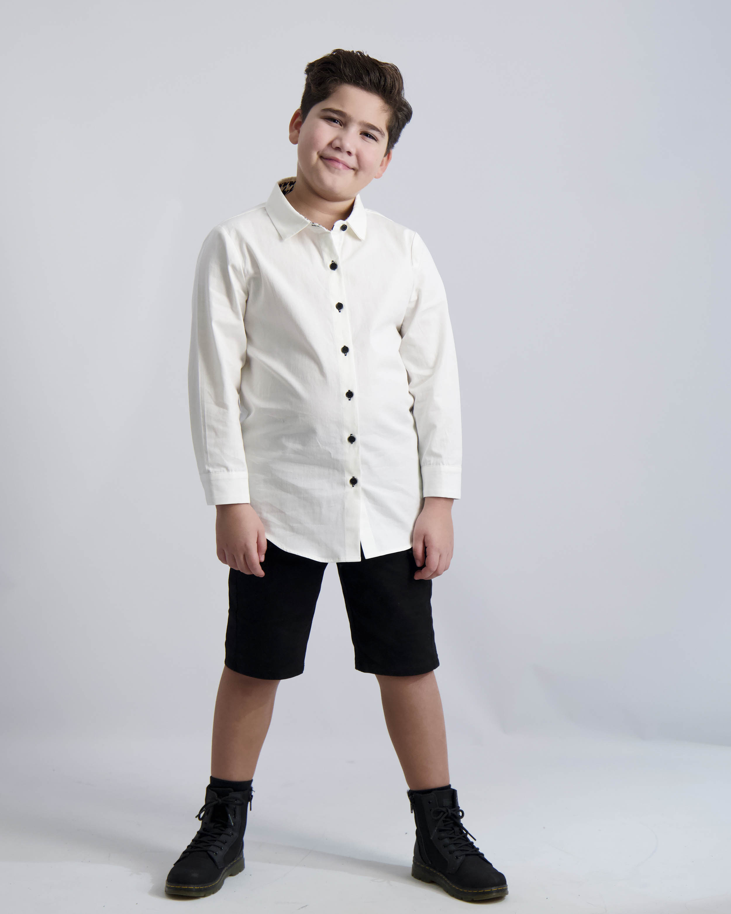 Black Buttons Long Sleeve Dress Shirt with Houndstooth Contrast