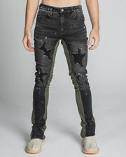 AR711 BLACK/BROWM DISTRESSED STAR STACKED JEANS
