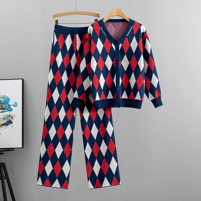 Ensemble deux pièces automne-hiver pour femme : cardigan décontracté à carreaux en maille, pantalon. 