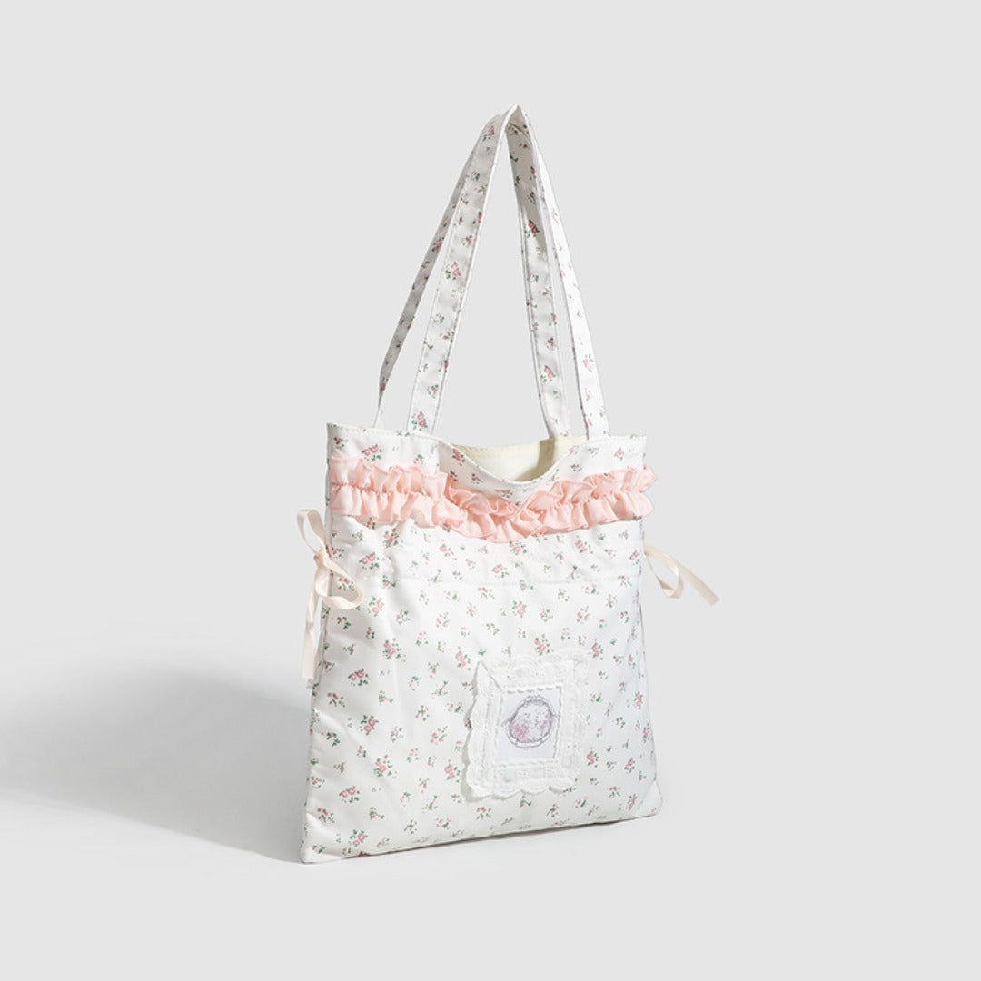 Spring shoulder floral draw with hobo bag, girls cloth bag cute small cloth bag, drawstring shoulder tote bag for women