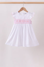 White Bow Smocked Jacquard Dress