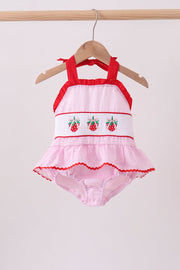 Pink stripe seersucker strawberry smocked one-piece swimsuit