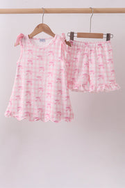 Pink bow print scalloped ruffle shorts set
