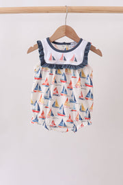 Blue Sailboat Embroidered Ruffle Bubble