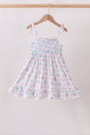 Blue Floral Smocked Ruffle Dress