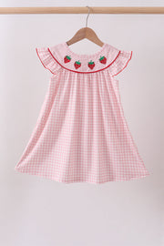 Pink strawberry embroidery gingham dress