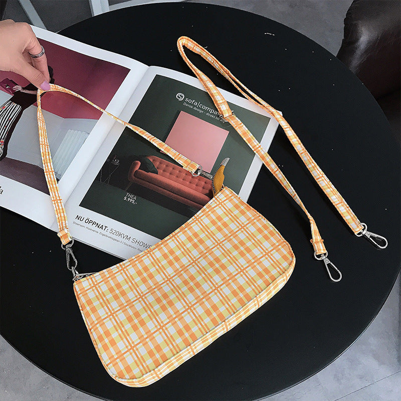Summer simple orange plaid bag crescent small baguette bag hobo shoulder purse