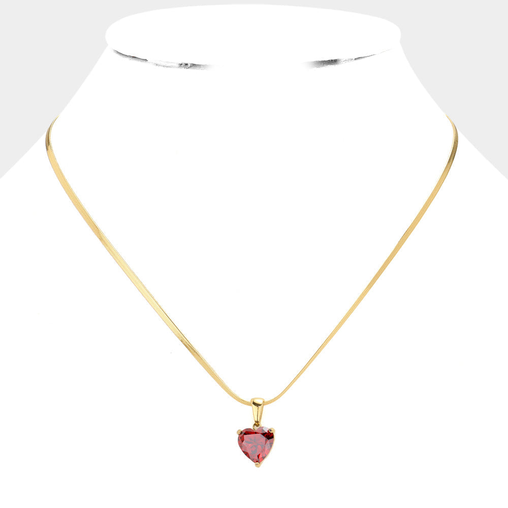 18K Gold Dipped Stainless Steel CZ Heart Pendant Necklace