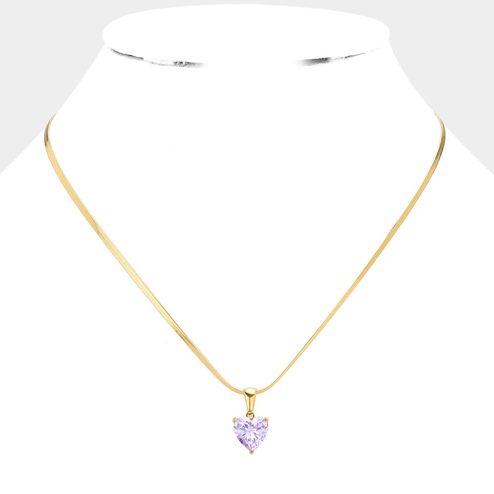 18K Gold Dipped Stainless Steel CZ Heart Pendant Necklace