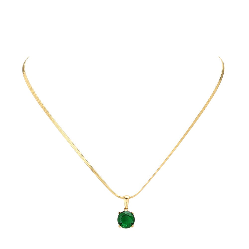 18K Gold Dipped Stainless Steel CZ Round Pendant Necklace
