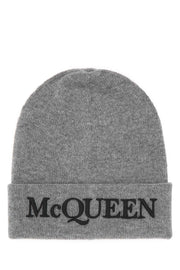Alexander Mcqueen Men Grey Cashmere Beanie Hat