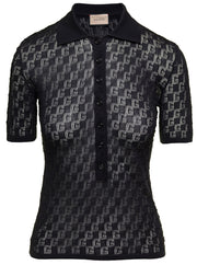 Gucci Women Black Polo Shirt With Button Closure And Gg Motif In Cotton And Silk Blend Woman