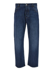 Bottega Veneta Men Blue Straight Jeans With Logo Patch In Denim Man