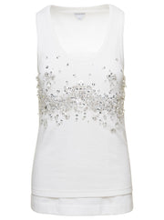 Bottega Veneta Women White Ribbed Tank Top With Embroidered Crystal Embellishment In Jersey Woman