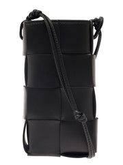 Bottega Veneta Women 'Phone Pouch' Black Shoulder Bag With Knot Details In Intreccio Nappa Leather Woman