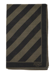 Fendi Men Beige Square Stole With All-Over Striped Motif And Logo Lettering On The Hem In Cotton And Silk Blend Man