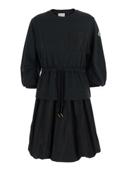 Moncler Women Black Dress With Elastic Waist And Logo Patch On The Sleeve In Tech Fabric Woman