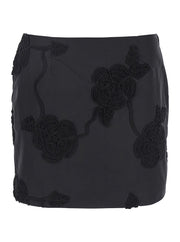 Rotate Women Black Mini Skirt With 3D Floral Details Applied All-Over In Cotton Woman