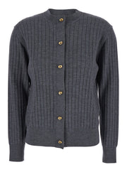 Bottega Veneta Women Grey Crewneck Cardigan With Knot Buttons Closure And Ribbed Knit In Wool Woman