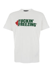 Dsquared2 Men White Crewneck T-Shirt With Print On The Front And Logo Lettering On The Rear In Cotton Man