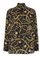 Balmain Men Black Shirt With Pointed Collar And Chain Print With Logo In Silk Man